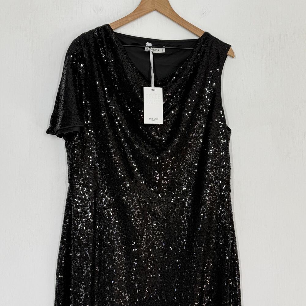 Grace Karin Sheath Dress NWT Plus Size 2XL Black Sequin One Shoulder Sparkly - Picture 3 of 10
